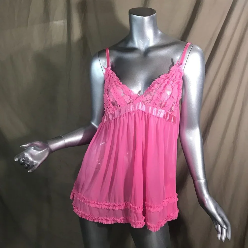 Passion Forever Women's Large Lingerie Slip Teddy Pink Mesh Stretchy